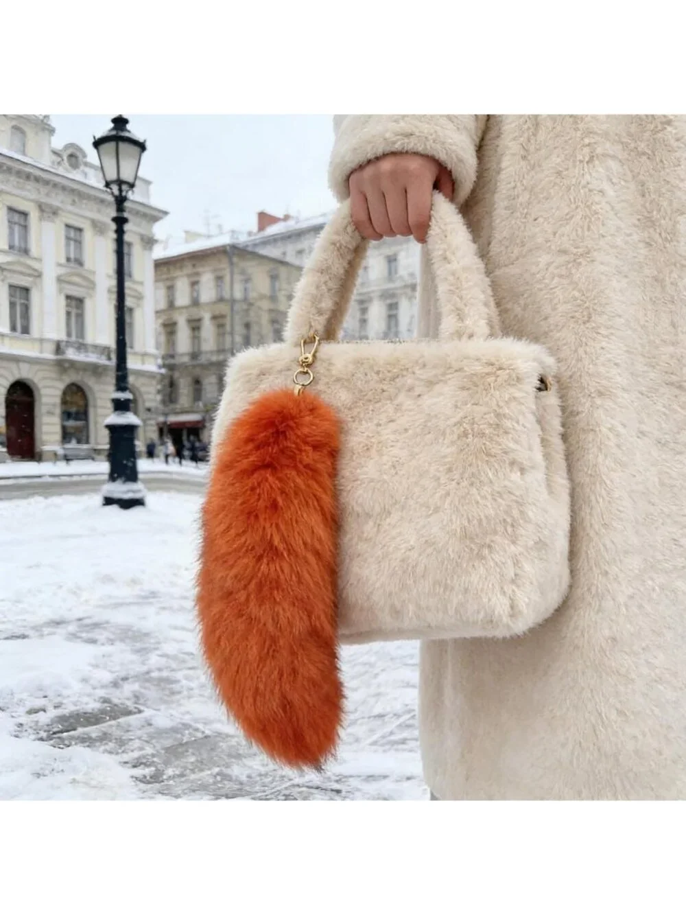 Women's Orange Fluffy Fox Tail Cosplay Keychain Birthday Party Costume Handbag